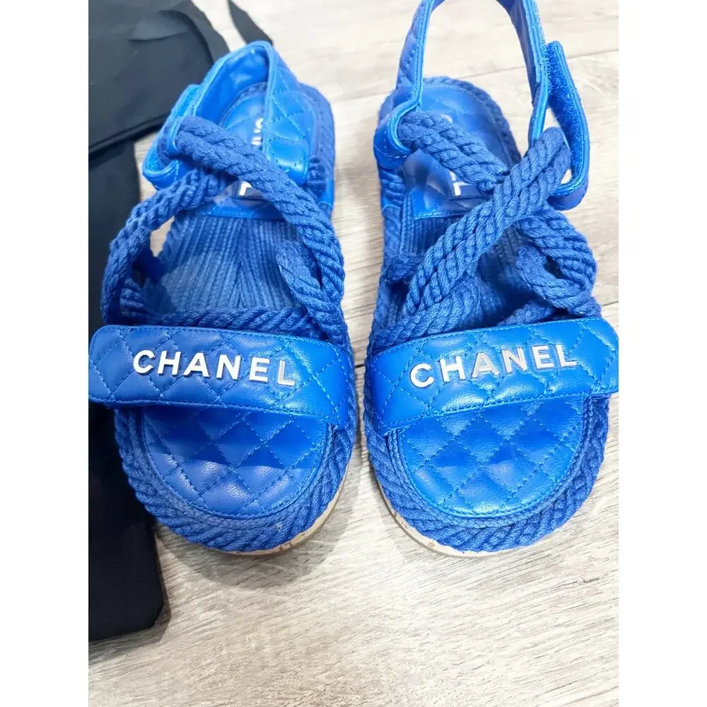 CHANEL Blue Cord Lambskin Quilted Cork Platform Logo Sandals Size 6.5